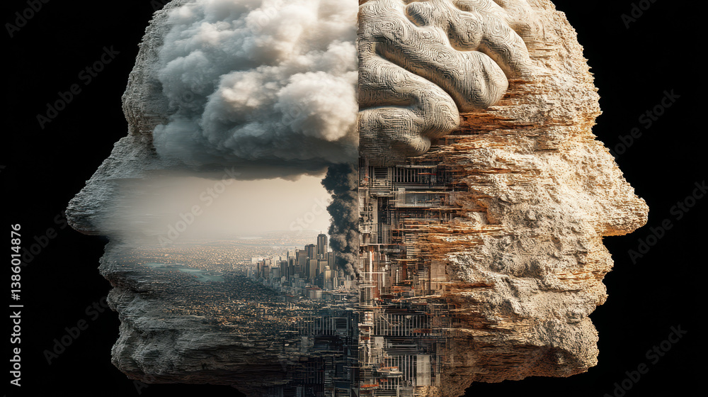 Poster abstract representation of the human brain showcasing the dichotomy of logic versus bias in digital 