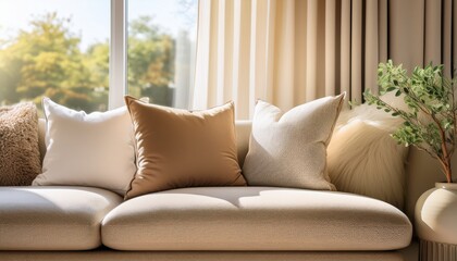 beige and cream pillows on a modern sofa in a sunlit living room