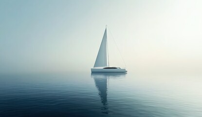 Fototapeta premium A serene white sailboat gliding on calm misty waters, soft diffused lighting, peaceful oceanic atmosphere