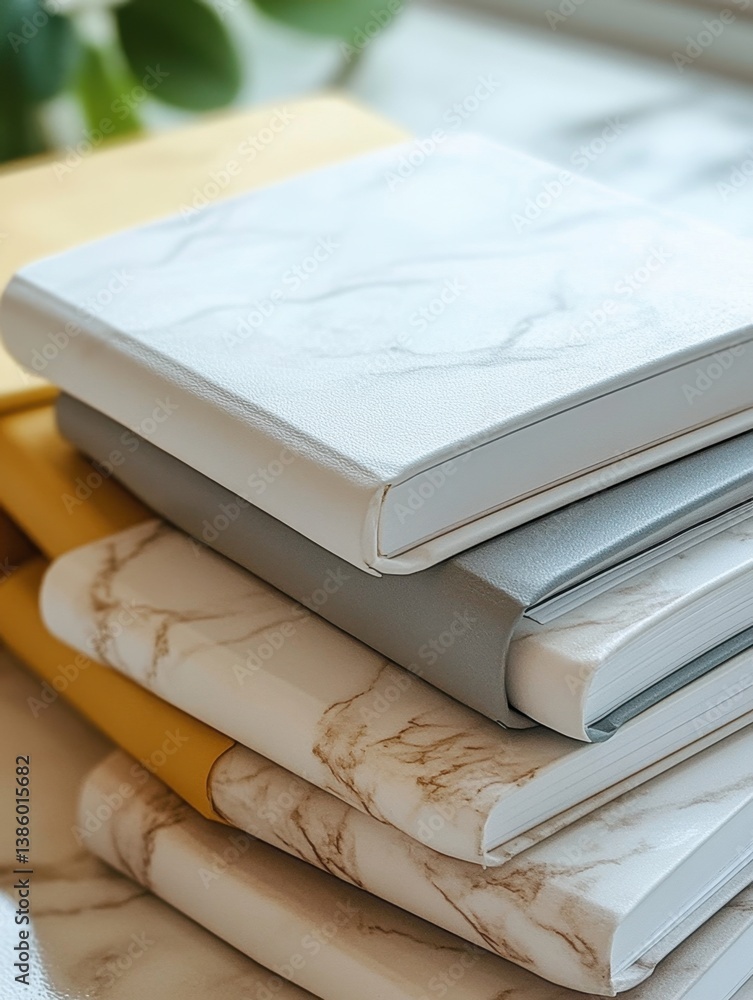 Poster Stack of Stylish Marble Patterned Notebooks Creating a Serene Aesthetic for Creative Projects and Elegant Workspace Design