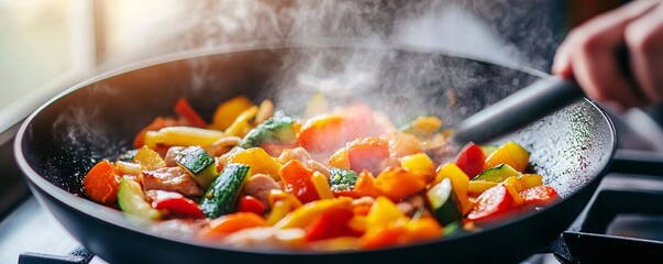 Fresh vegetables and chicken being prepared in a wok for a delicious and nutritious meal