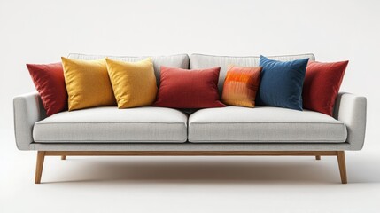 A Scandinavian-style sofa in light gray, accented with colorful throw pillows and a simple wooden coffee table, on a white background