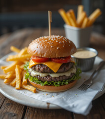 hamburger with french fries