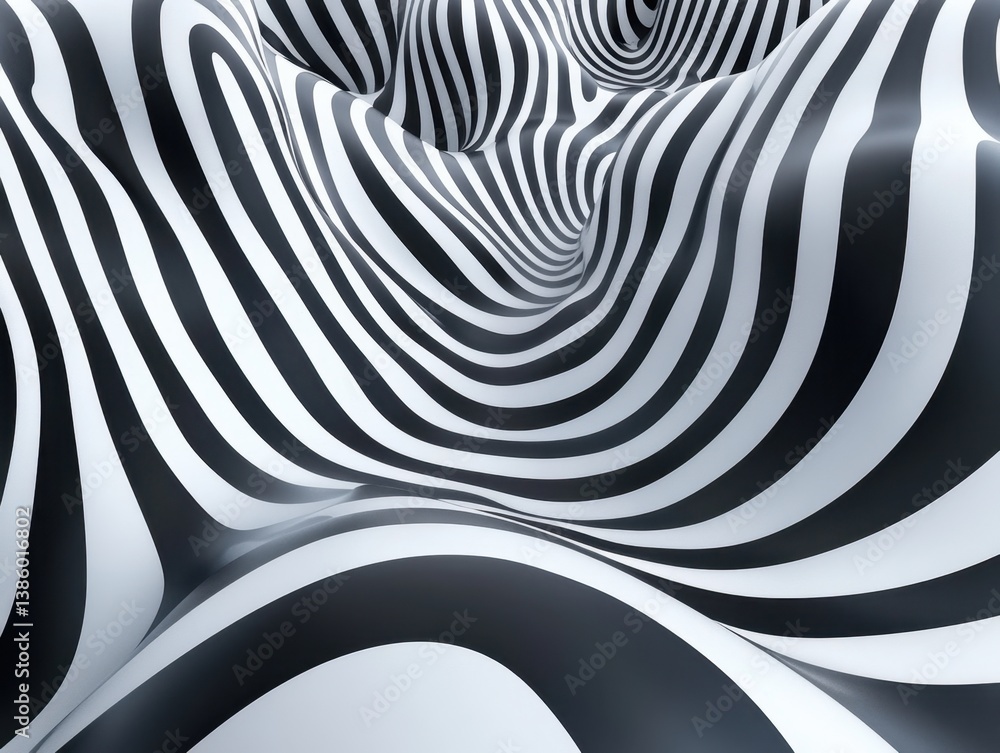 Poster abstract black and white striped wave pattern creating a mesmerizing optical illusion with dynamic c