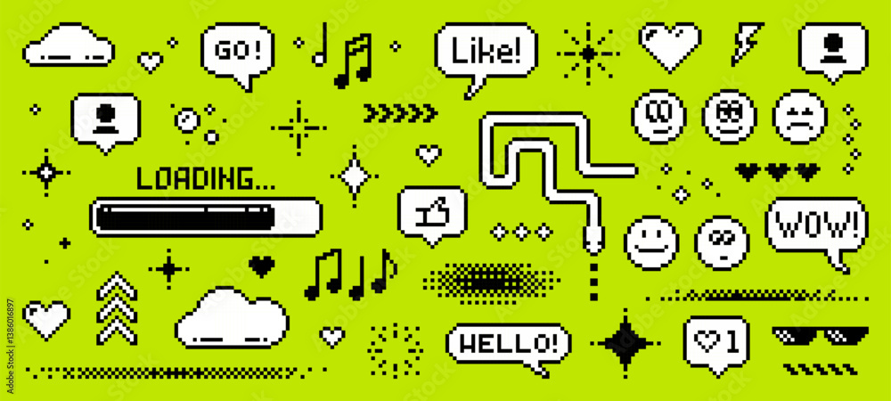 Poster A pixel art style set of icons for social media. speech bubbles. Abstract elements. Vector graphics. old-school retro digital look. gaming y2k style. Smile, snake, likes, clouds, hearts, loading bar.