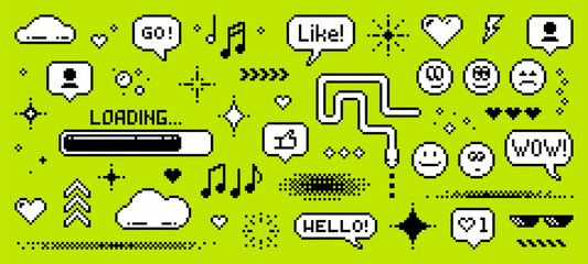 A pixel art style set of icons for social media. speech bubbles. Abstract elements. Vector graphics. old-school retro digital look. gaming y2k style. Smile, snake, likes, clouds, hearts, loading bar.