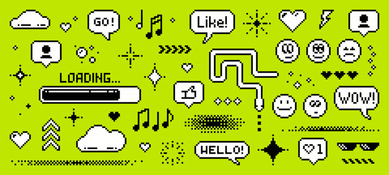 A pixel art style set of icons for social media. speech bubbles. Abstract elements. Vector graphics. old-school retro digital look. gaming y2k style. Smile, snake, likes, clouds, hearts, loading bar. - Powered by Adobe