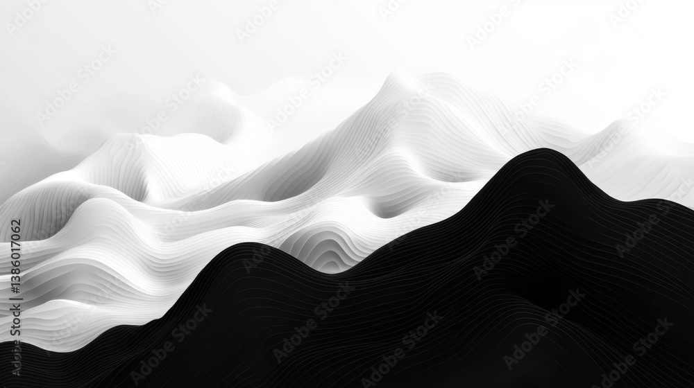 Poster serene monochrome landscape of abstract mountain ridges with elegant waves and smooth texture in a m