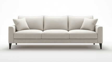 A stylish sofa with modern armrests, deep cushions, and neutral-colored upholstery, placed in a clean, bright living room, on a white background