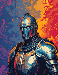 Naklejka premium Medieval Knight Portrait in Armour with Helmet and Bold Warrior Expression