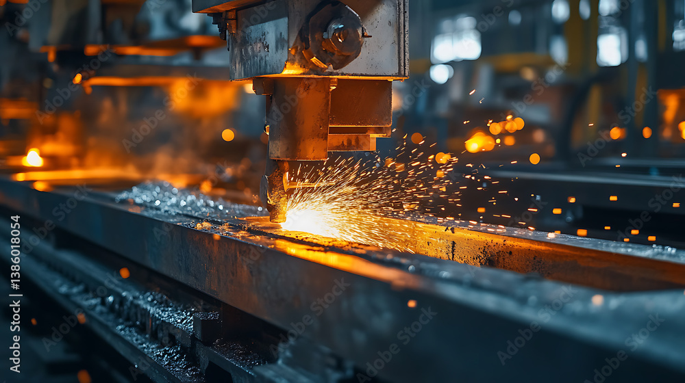 Poster an ai powered system optimizing precision casting in metal manufacturing, factory floor with real-ti