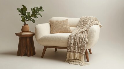 A cozy corner featuring a soft sofa with a patterned throw blanket, a small side table with a plant, and soft lighting, on a white background