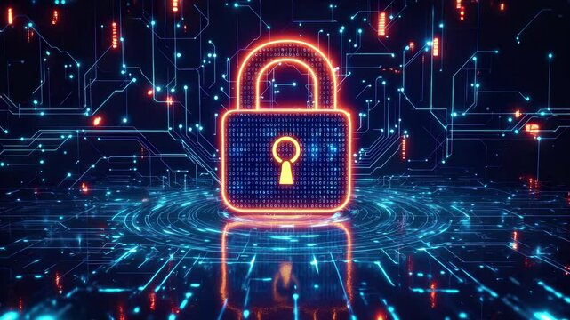 Digital padlock with keyhole glowing orange against blue circuit background. Binary code encryption within lock symbol. Neon cybersecurity concept with network connections. Futuristic data protection