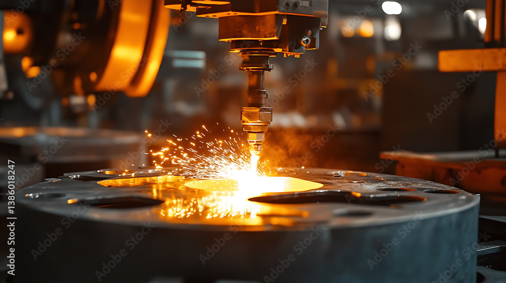 Poster an ai powered system optimizing precision casting in metal manufacturing, factory floor with real-ti
