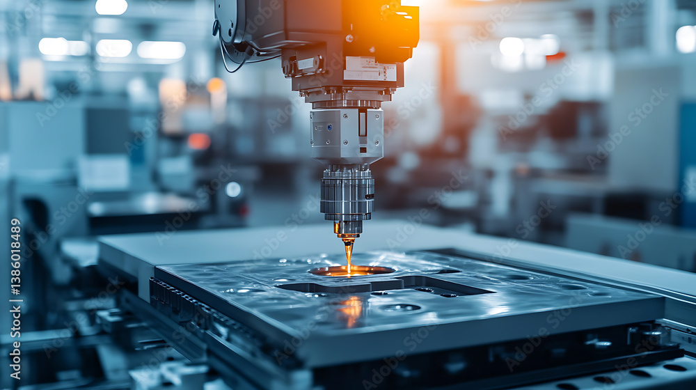 Poster an ai powered system optimizing precision casting in metal manufacturing, factory floor with real-ti
