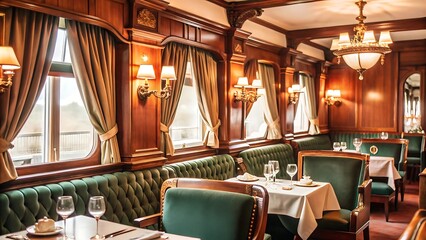 Elegant train dining car interior with wood paneling and green velvet seating arrangement inside the train