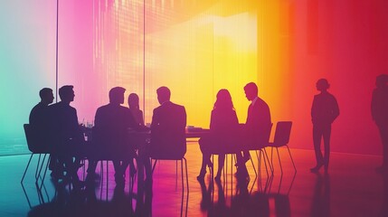 Professionals Engaged in a Startup Meeting with Colorful Background