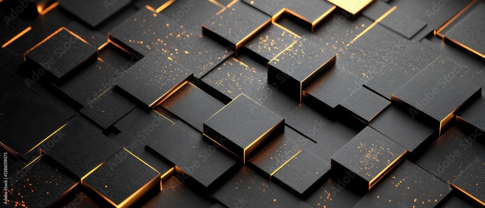 Poster geometric arrangement of black cubes with golden edges creating a modern and elegant background for 