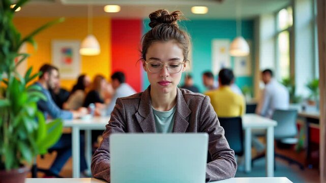 Smiling young professional woman with glasses and hair bun working on laptop in colorful coworking space. Cheerful female entrepreneur in brown blazer at modern office with diverse team meeting