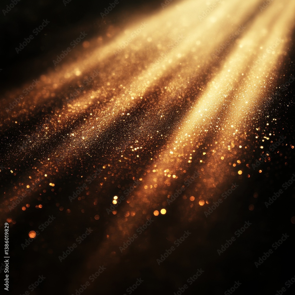 Poster golden light streams through a dark space illuminating shimmering particles creating a magical ambia