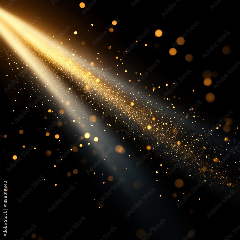 Poster radiant golden light beam on dark background with sparkling dust creating a magical and ethereal atm