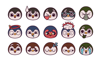 Penguin head emoticon vector illustration set