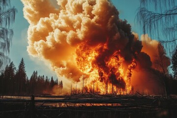 Dramatic explosion in forested landscape with smoke and flames for environmental awareness