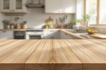 Wooden tabletop in focus with soft blurred modern kitchen interior in warm tones, natural light on cozy home cooking space. Ai generative