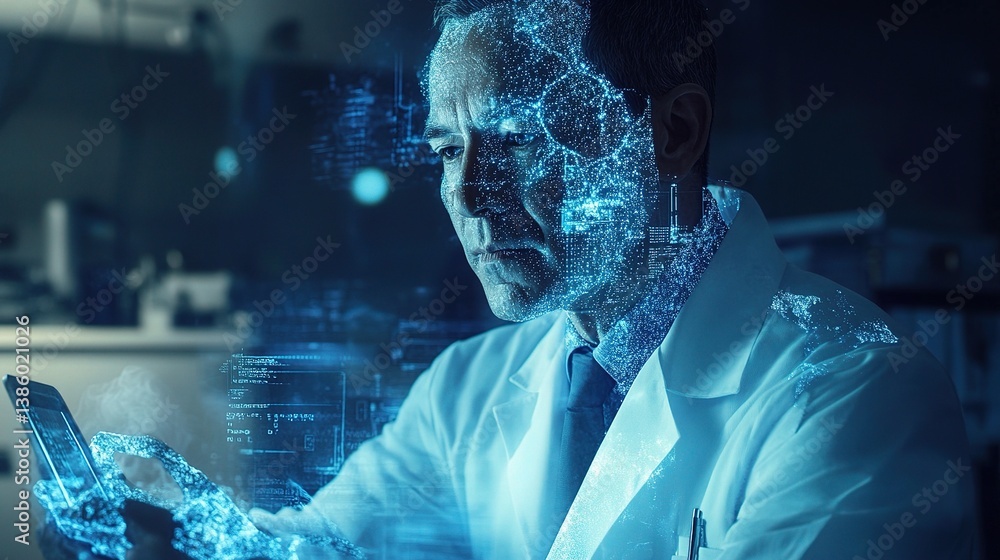 Poster digital concept of doctor analyzing data on tablet device