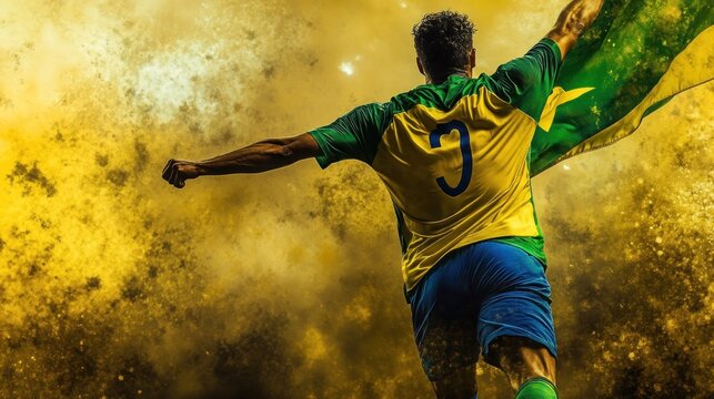 Brazilian Soccer Player Celebrates Victory Wearing National Team Jersey - Powered by Adobe