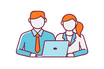 Obraz premium Business Teamwork Illustration Partners Collaborating On Laptop Project In Flat Vector Style