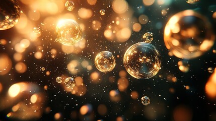 Golden transparent spheres floating in a warm - toned background with bokeh light effects, creating a glamorous and dreamy atmosphere, ideal for high - end product promotions, beauty, or artistic 