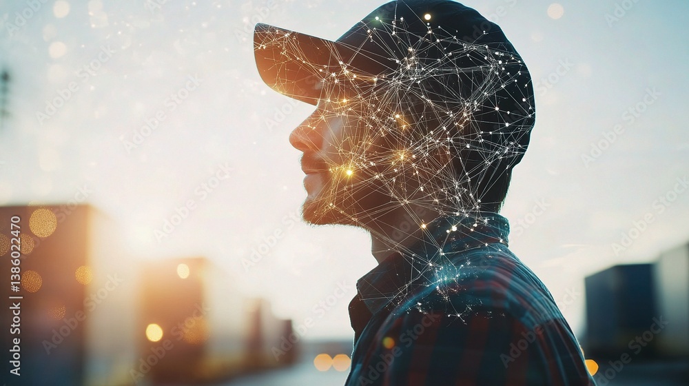 Poster double exposure of engineer with log and network visualization effects