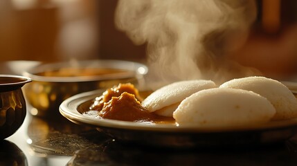 A mouthwatering plate of steaming idli served with coconut chutney and sambar on a rustic black table, showcasing inviting textures and rich spices