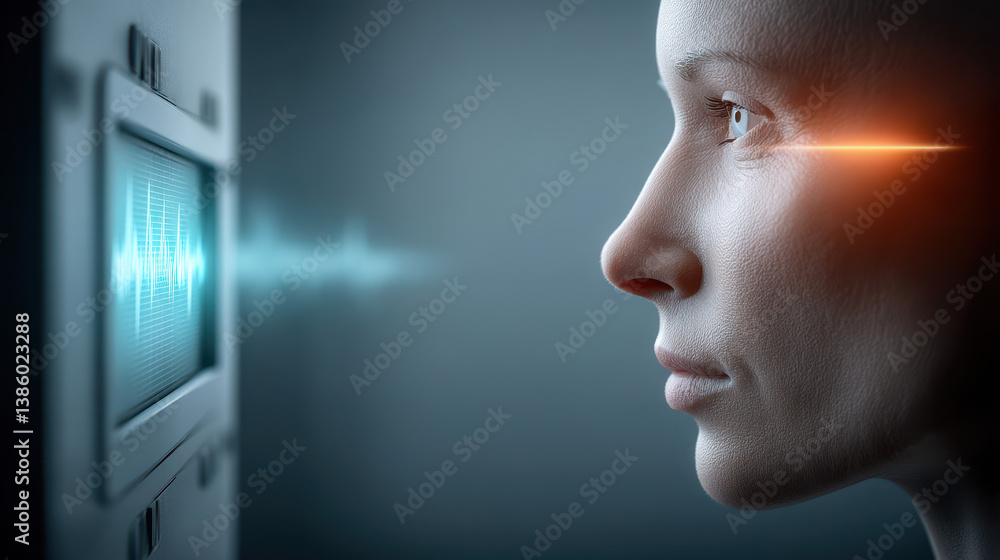 Poster floating holographic head displays human voice interaction with real-time audio feedback in a futuri