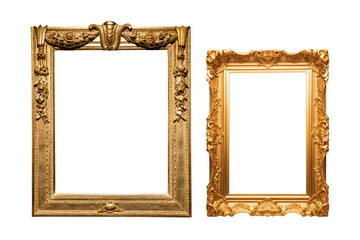 Set of  two different empty blank old fashioned gold painting frames antique fancy ornamental cut out stylish vertical golden picture photo frames isolated on white background, objects top front view