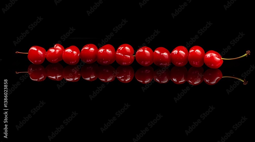 Poster a line of vibrant red cherries arranged neatly with a glossy reflection on a black surface, emphasiz