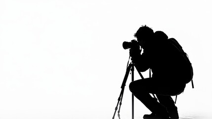 A photographer taking pictures with a camera on a tripod, with a model in front of a white backdrop, on a white background