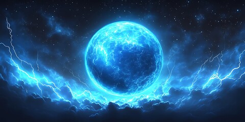Powerful Blue Planet in Stormy Night Sky