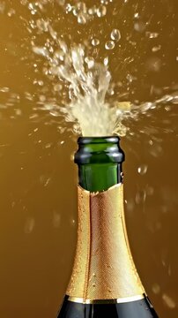 A bottle of champagne is opened and the cork is popping out