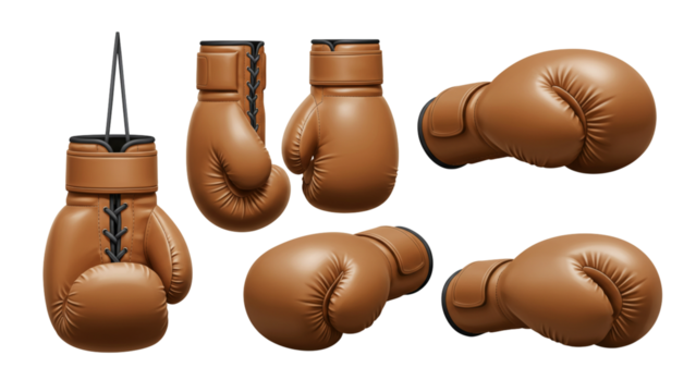 A collection of brown boxing gloves depicted in various orientations against a dark background, highlighting their form and stitching.