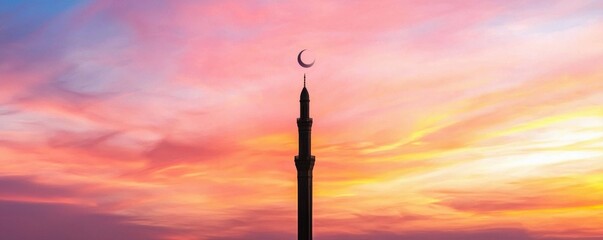 Fototapeta premium A silhouette of a minaret against a vibrant sunset sky, featuring hues of pink, orange, and blue, with a crescent moon atop.