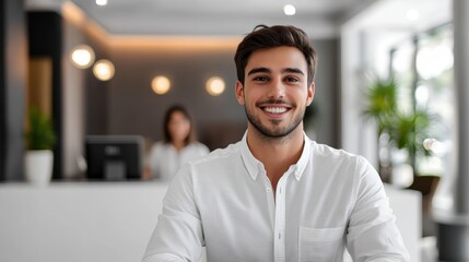 Obraz premium A hotel receptionist at the front desk greeting guests, with a lobby and check-in counter in the background, on a white background