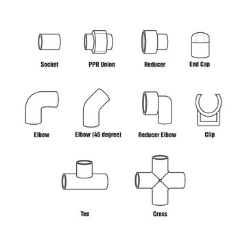 Essential vector set of PPR pipe fittings for plumbing and construction projects. Includes elbows, tees, reducers, and connectors. Ideal for professional design and technical diagrams.