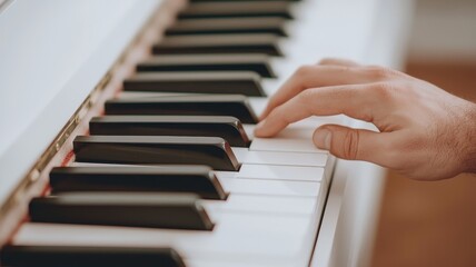 Fototapeta premium A close-up image of a hand pressing piano keys, showcasing the instrument’s detail and artistry.