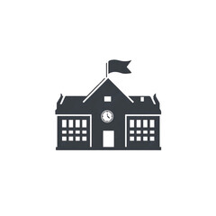 Vector Illustration of School Building Icon with Clock and Flag &ndash; Education and Institution Concept