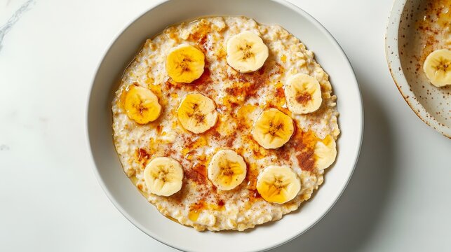 A bowl of creamy oatmeal with bananas, cinnamon, and honey. Featuring warmth and nourishment - Powered by Adobe