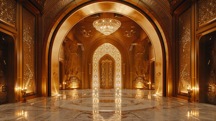 Ultra-modern Egyptian mansion entrance with massive golden doors, intricate lotus flower carvings, marble flooring, and a grand chandelier hanging from a high arched ceiling.