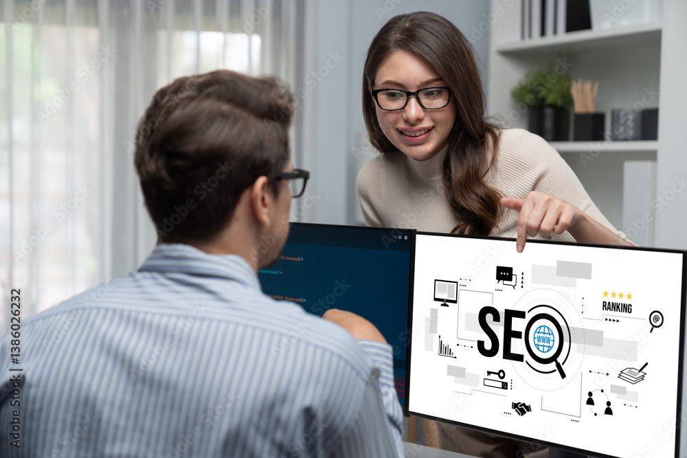 Poster seo search engine optimization for brisk e-commerce and online retail business showing on computer s