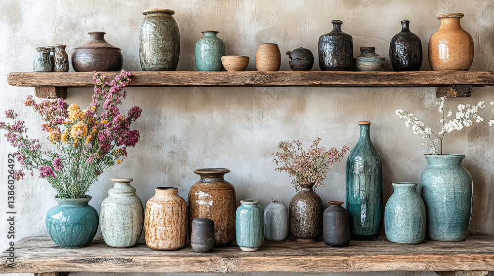 Poster shelf full of vases and flowers. the vases are of different shapes and sizes, and the flowers are of